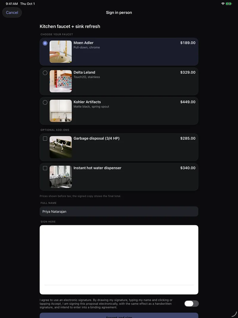 Signing in person on iPad
