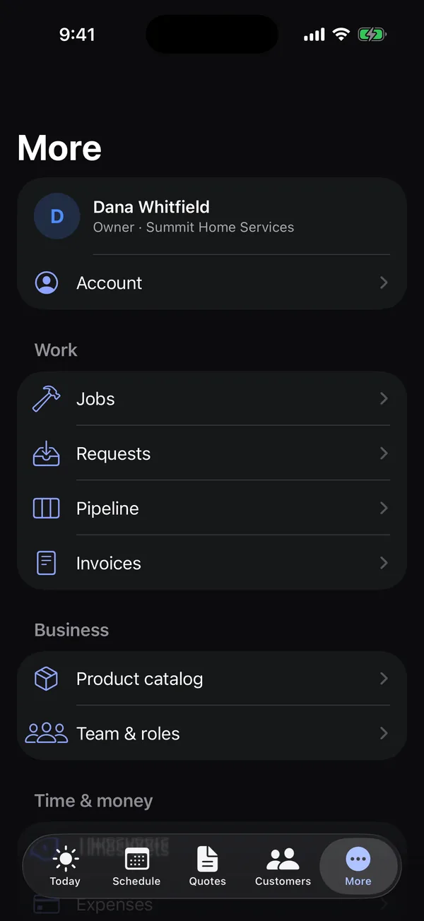 The More tab for an owner