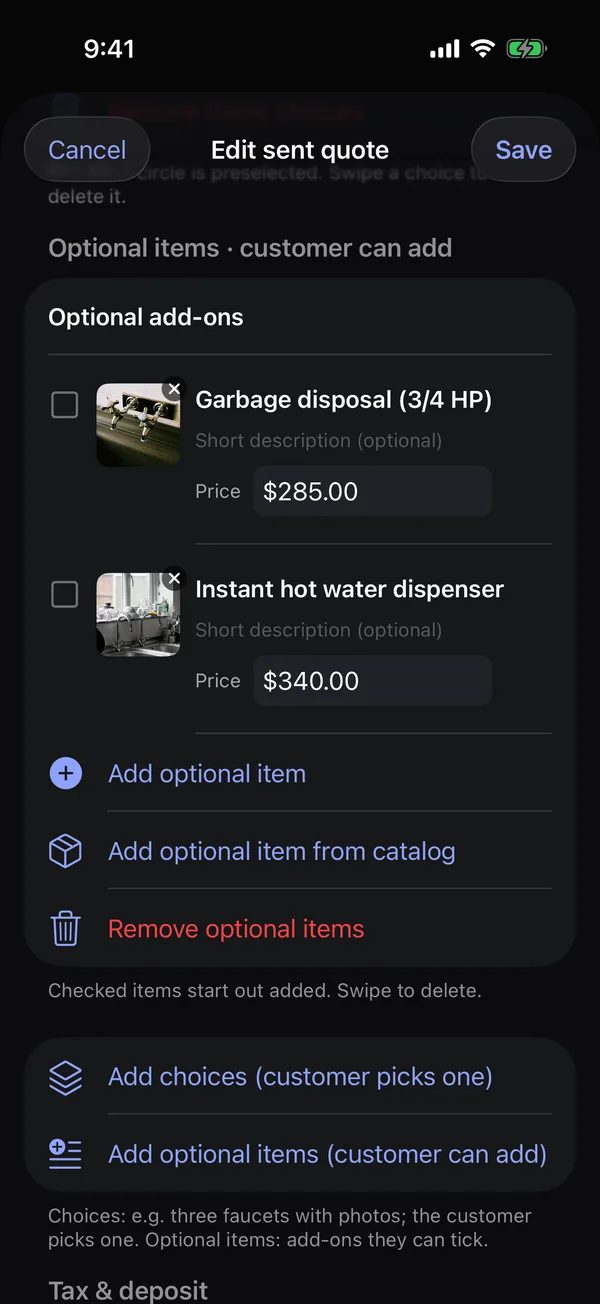 Optional items in the editor