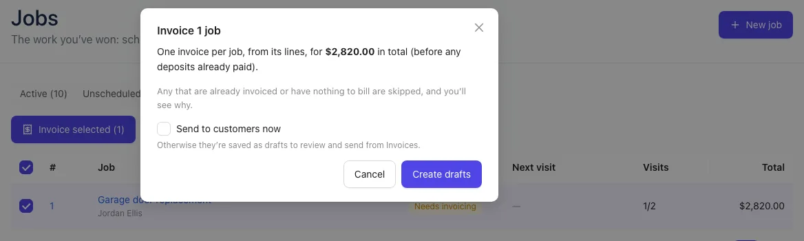 Invoicing a finished job from the Needs invoicing filter