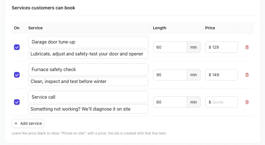 Services customers can book