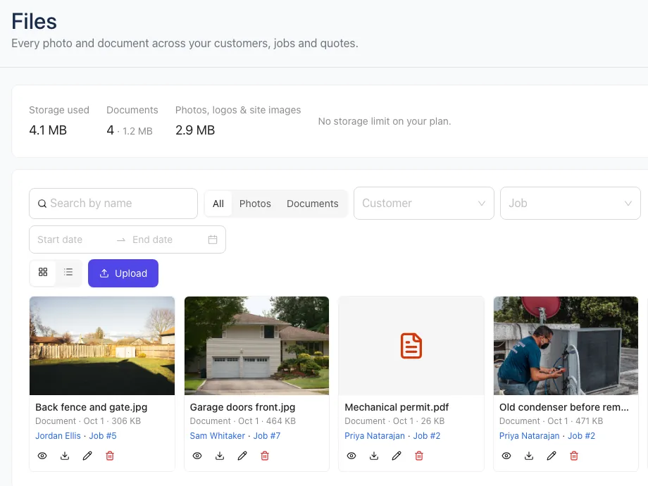 Work → Files, showing photos and documents linked to jobs