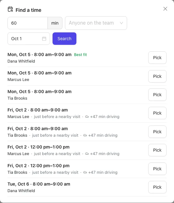 Find a time suggests open slots, best fit first