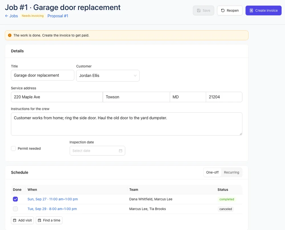 A job with its details, the visit schedule and the Create invoice button