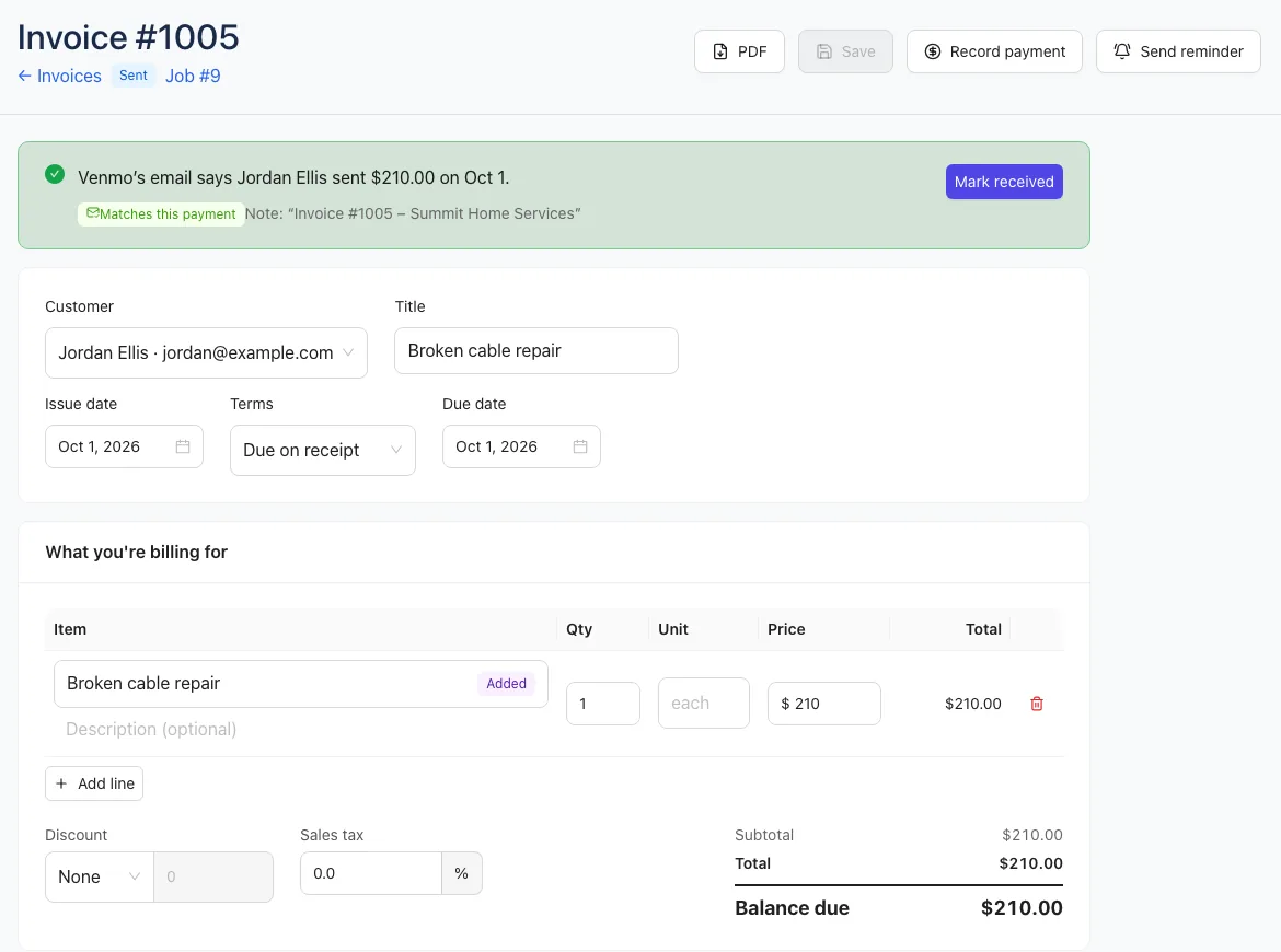 An invoice in the web app: customer, terms, lines and the balance due