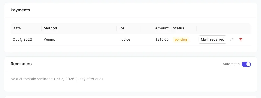 The Payments and Reminders cards on an invoice