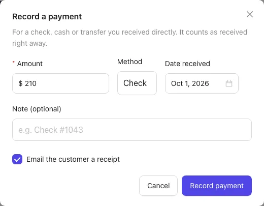 The Record a payment window on an invoice