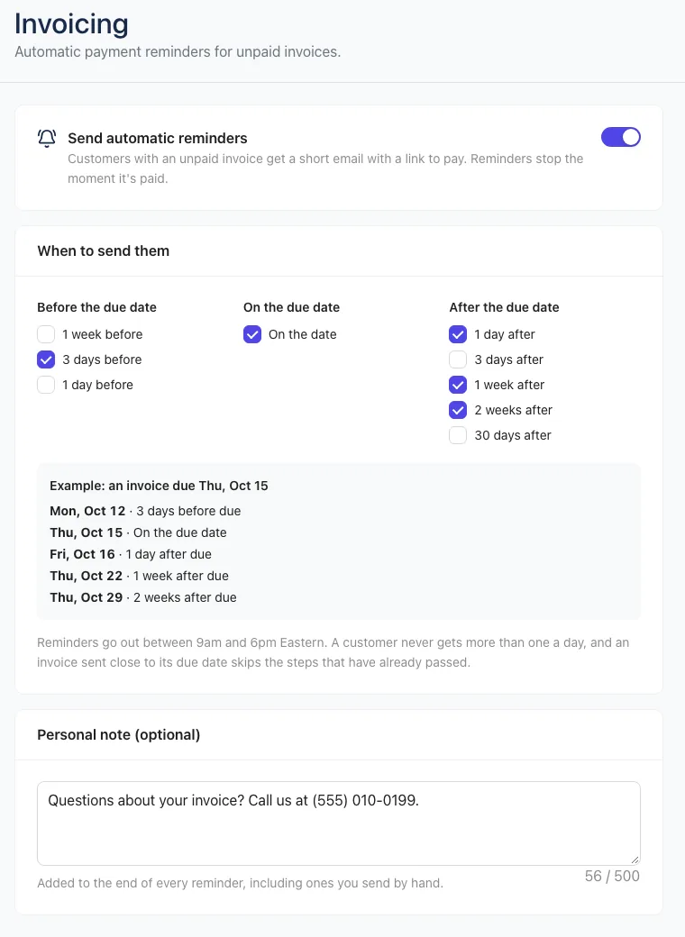 Settings → Invoicing with reminders on and an example schedule