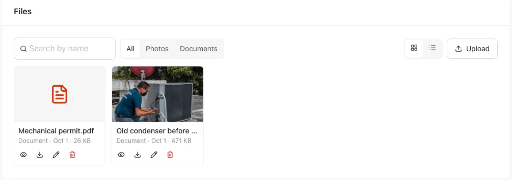 The Files card on a job