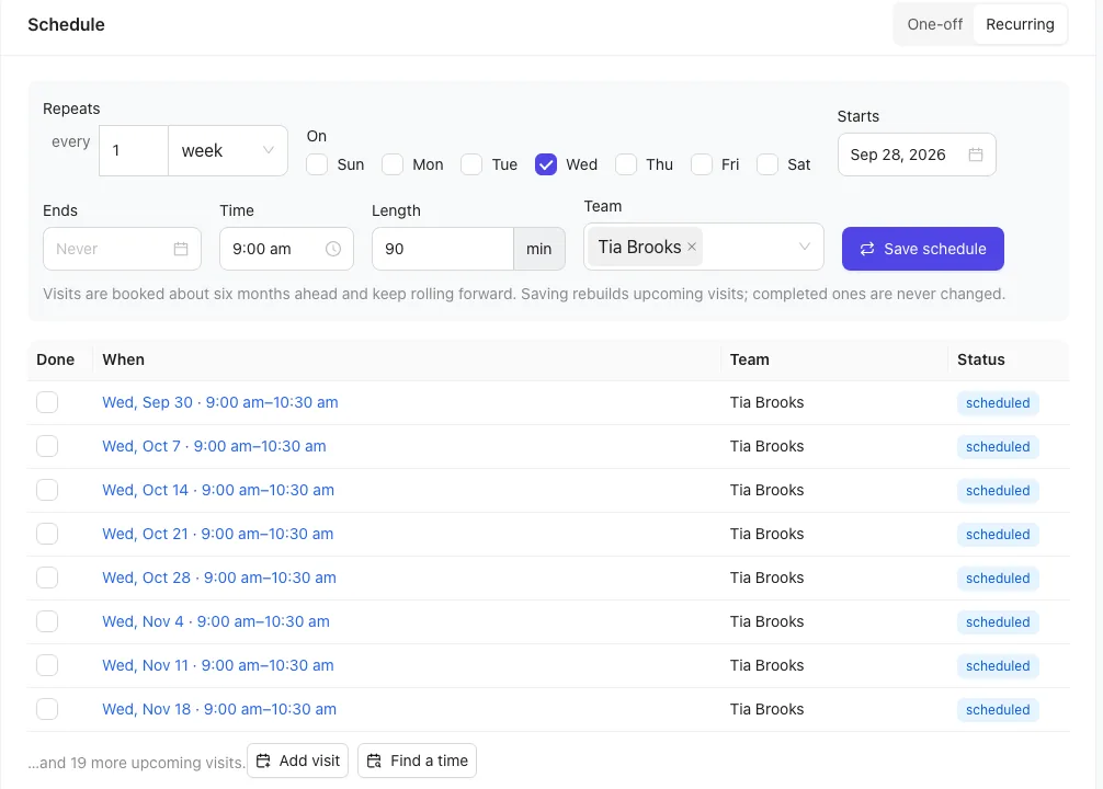 A weekly recurring schedule on a job