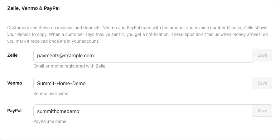 The Zelle, Venmo & PayPal box on Settings → Payments