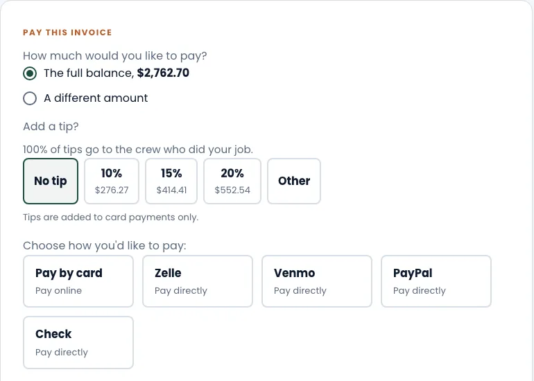 What your customer sees under Pay this invoice