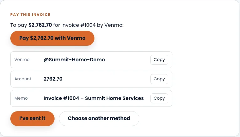 What your customer sees after picking Venmo