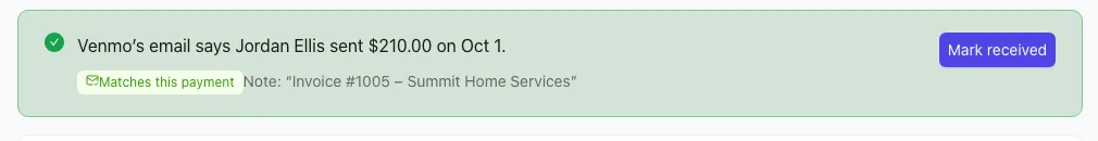 Venmo's email shown as proof on the invoice