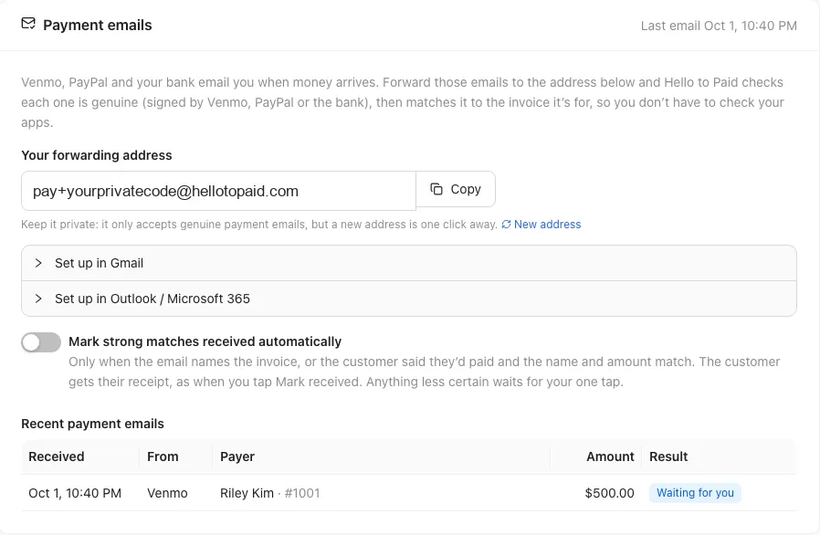 The Payment emails box (the forwarding address is private to each business)