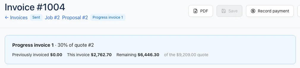 A stage invoice shows what's been invoiced and what's left