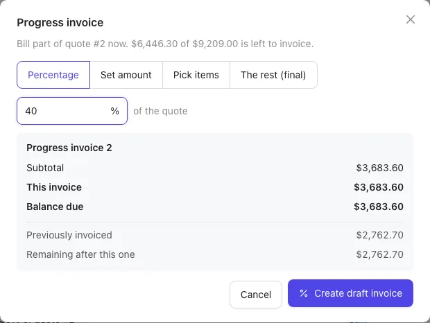 The Progress invoice window with a 40% stage previewed