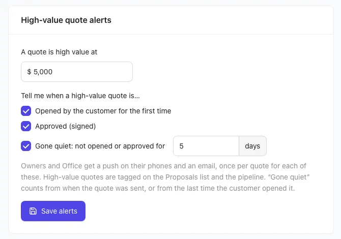 High-value quote alerts settings