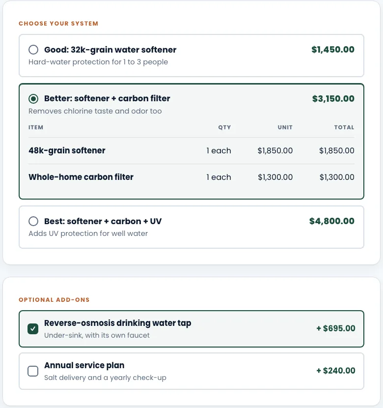 What your customer sees: choices and add-ons on the quote