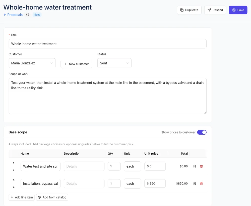 The top of the quote editor: title, customer, scope of work and base scope
