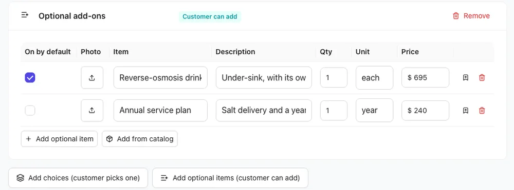 Optional add-ons, with one on by default