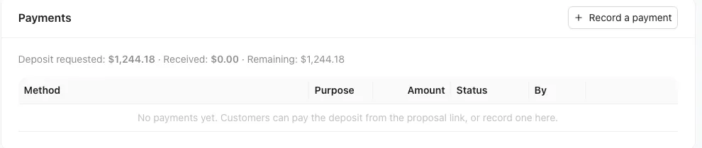 The Payments card on a quote