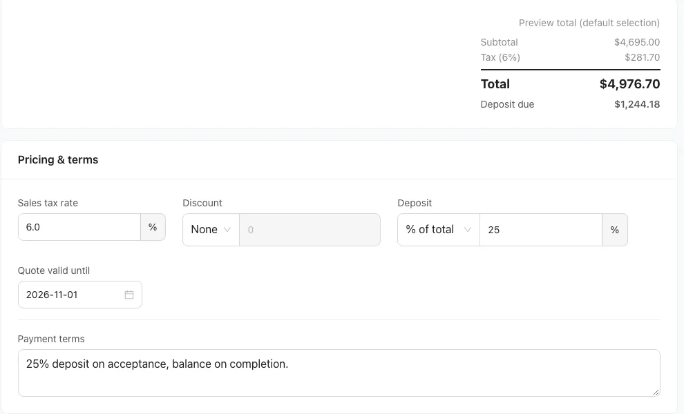 Preview total and Pricing & terms