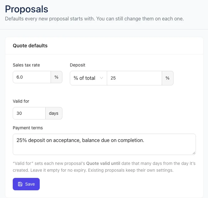 Quote defaults in Settings → Proposals
