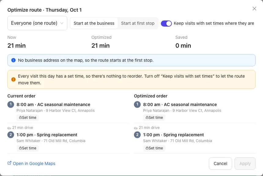 Optimize route: the current and optimized order side by side