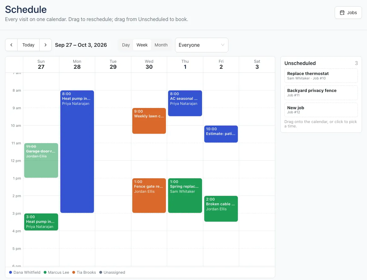The Schedule in Week view, with unscheduled visits on the right