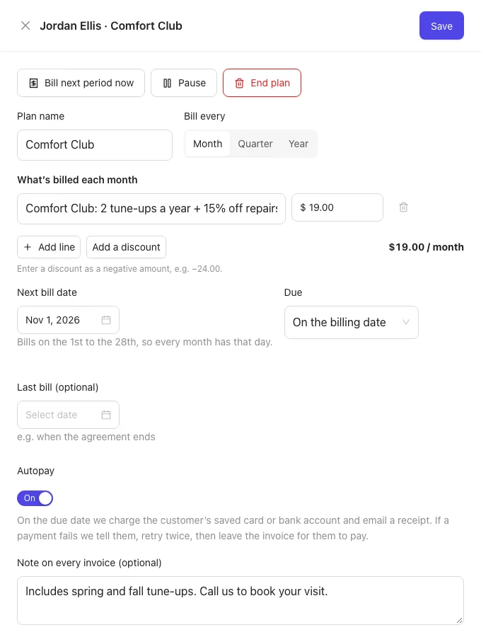 A service plan open for editing