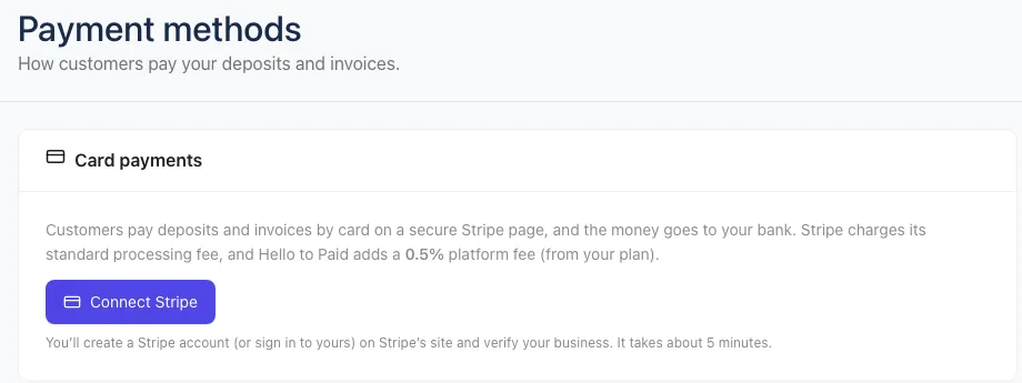 The Card payments box on Settings → Payments, before Stripe is connected