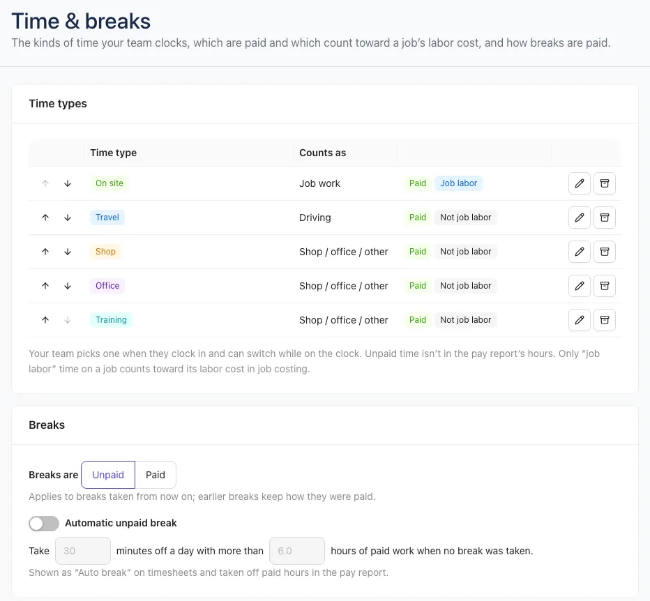 Settings → Time & breaks