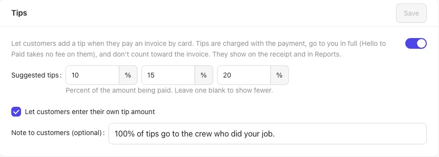 The Tips box on Settings → Payments