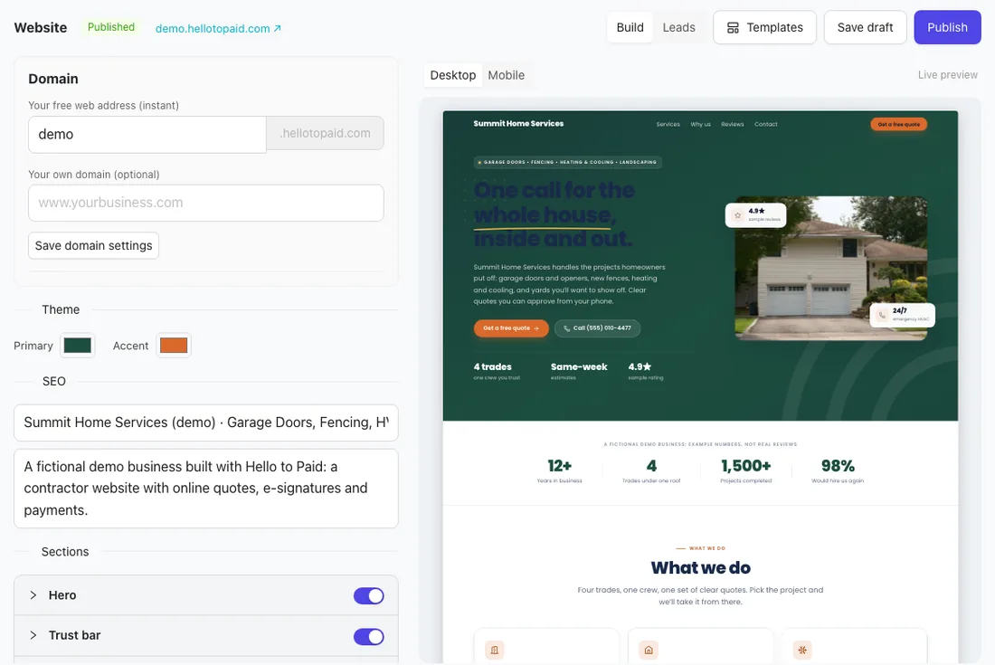 The website editor, with the live preview on the right